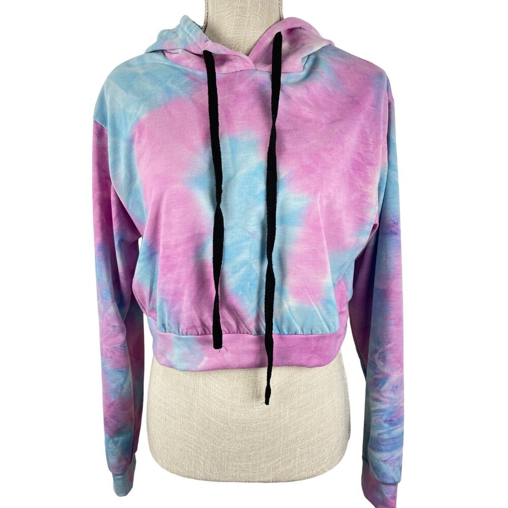 Womens Hoodie M Pink Blue Tie Dye Cropped Pullover Drawstring Pockets Sweatshirt